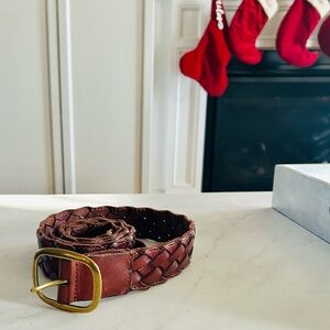 J.Jill Belt Womens Medium Large Brown Braided Leather Brass Buckle Woven Whiskey